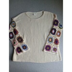 Heyson Sweater Medium Granny Square Crochet Cottage Core Peasant Bohemian Boho